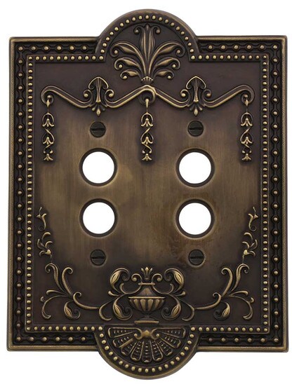 Alternate View of Como Double Push Button Switch Plate in Antique-By-Hand.
