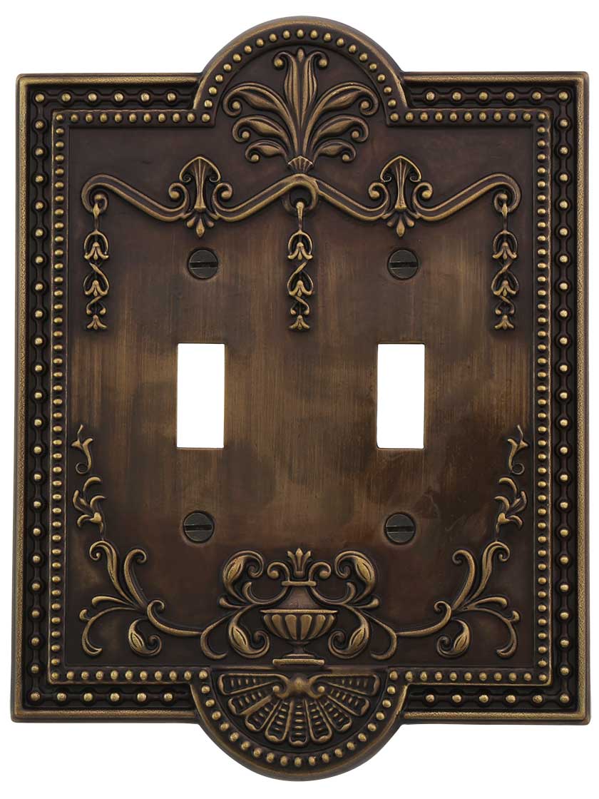 Alternate View of Como Double Toggle Switch Plate in Antique-By-Hand.