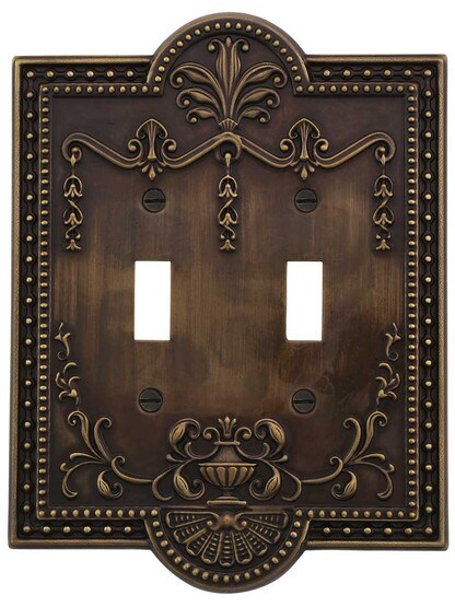 Alternate View of Como Double Toggle Switch Plate in Antique-By-Hand.