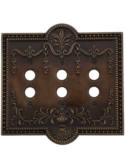 Alternate View of Como Triple Push Button Switch Plate in Antique-By-Hand.