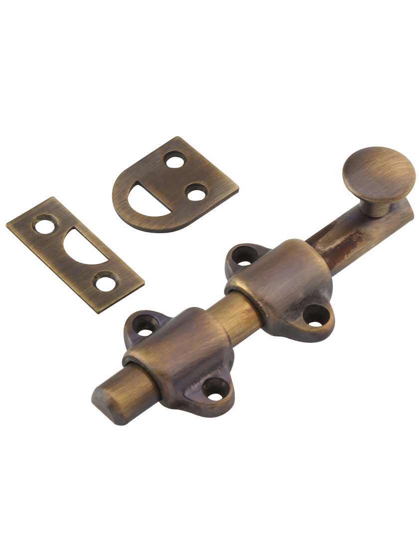 4-Inch Medium-Duty Solid Brass Surface Bolt in Antique-By-Hand.