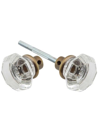 Pair of Octagonal Glass Doorknobs with Solid-Brass Shank in Antique-by-Hand.