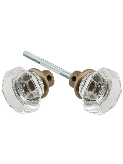 Pair of Octagonal Glass Doorknobs with Solid-Brass Shank in Antique-by-Hand