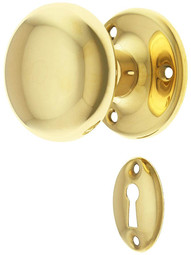 Solid Brass Rosette Mortise-Lock Set with Round Brass Knobs in Unlacquered Brass