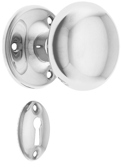 Solid Brass Rosette Mortise Lock Set with Round Brass Knobs in Polished Nickel.