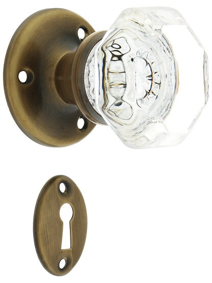 Solid Brass Rosette Mortise Lock Set with Octagonal Glass Knobs in Antique-By-Hand.