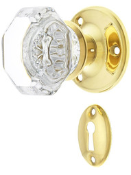 Brass Rosette Mortise-Lock Set with Octagonal Glass Knobs in Unlacquered Brass