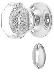 Solid Brass Rosette Mortise Lock Set with Octagonal Glass Knobs in Polished Nickel.