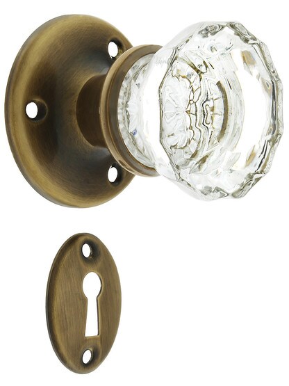 Solid Brass Rosette Mortise Lock Set with Fluted Glass Knobs in Antique-By-Hand.