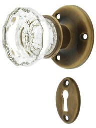 Solid Brass Rosette Mortise Lock Set with Fluted Glass Knobs in Antique-By-Hand