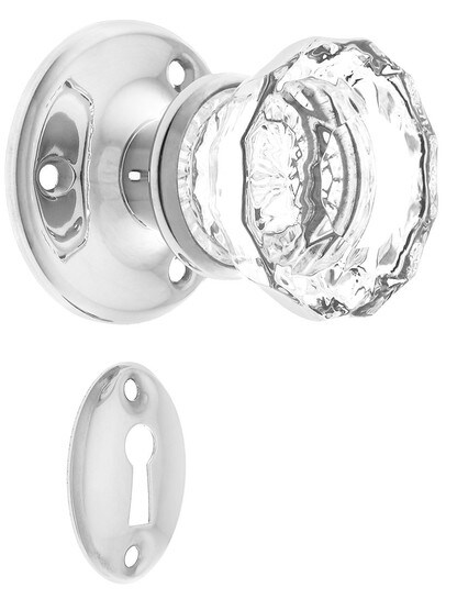 Solid Brass Rosette Mortise Lock Set with Fluted Glass Knobs in Polished Nickel.