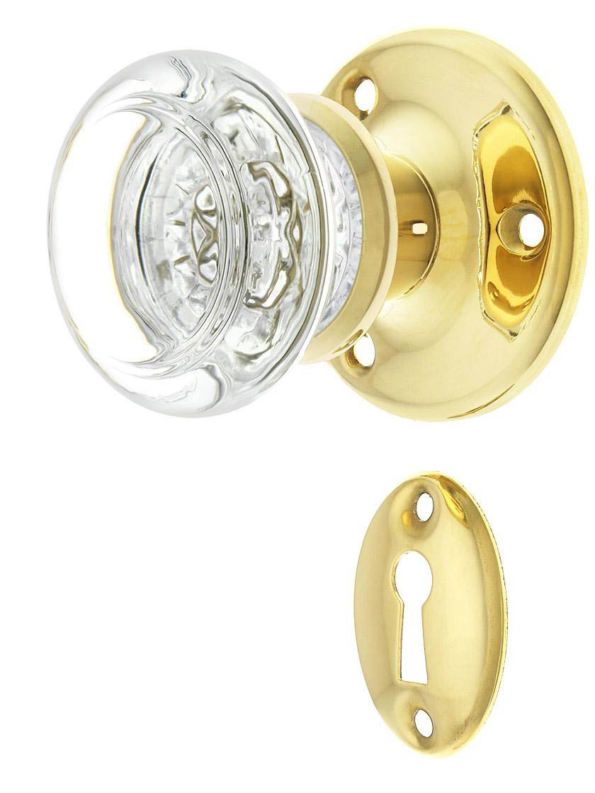 Solid Brass Rosette Mortise-Lock Set with Round Glass Knobs in Unlacquered Brass