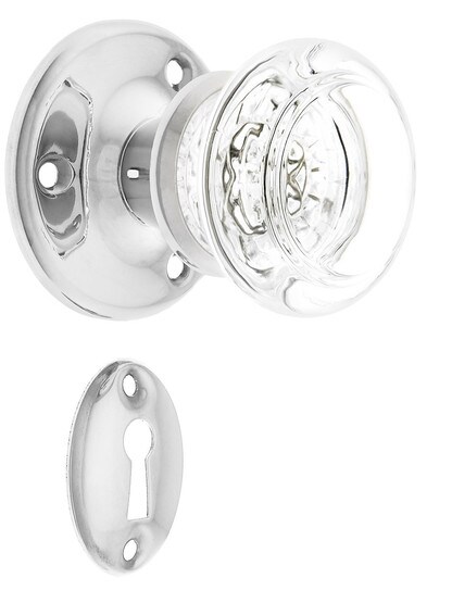 Solid Brass Rosette Mortise Lock Set with Round Glass Knobs in Polished Nickel.