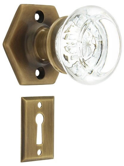 Brass Hexagonal Rosette Mortise-Lock Set with Round Glass Knobs in Antique-By-Hand.