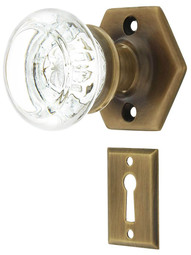 Brass Hexagonal Rosette Mortise-Lock Set with Round Glass Knobs in Antique-By-Hand