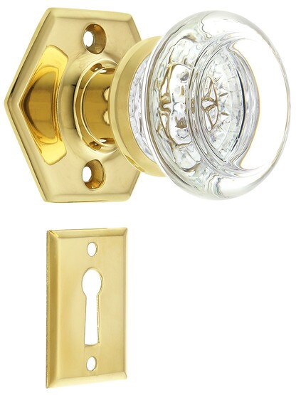Solid Brass Hexagonal Rosette Mortise-Lock Set with Round Glass Knobs.