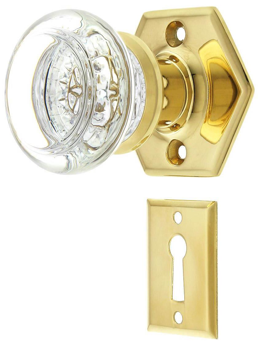 Solid Brass Hexagonal Rosette Mortise-Lock Set with Round Glass Knobs in Unlacquered Brass