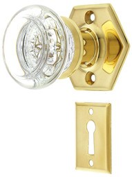 Solid Brass Hexagonal Rosette Mortise-Lock Set with Round Glass Knobs.