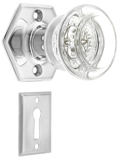 Solid Brass Hexagonal Rosette Mortise Lock Set with Round Glass Knobs.