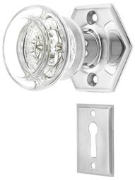 Solid Brass Hexagonal Rosette Mortise Lock Set with Round Glass Knobs.