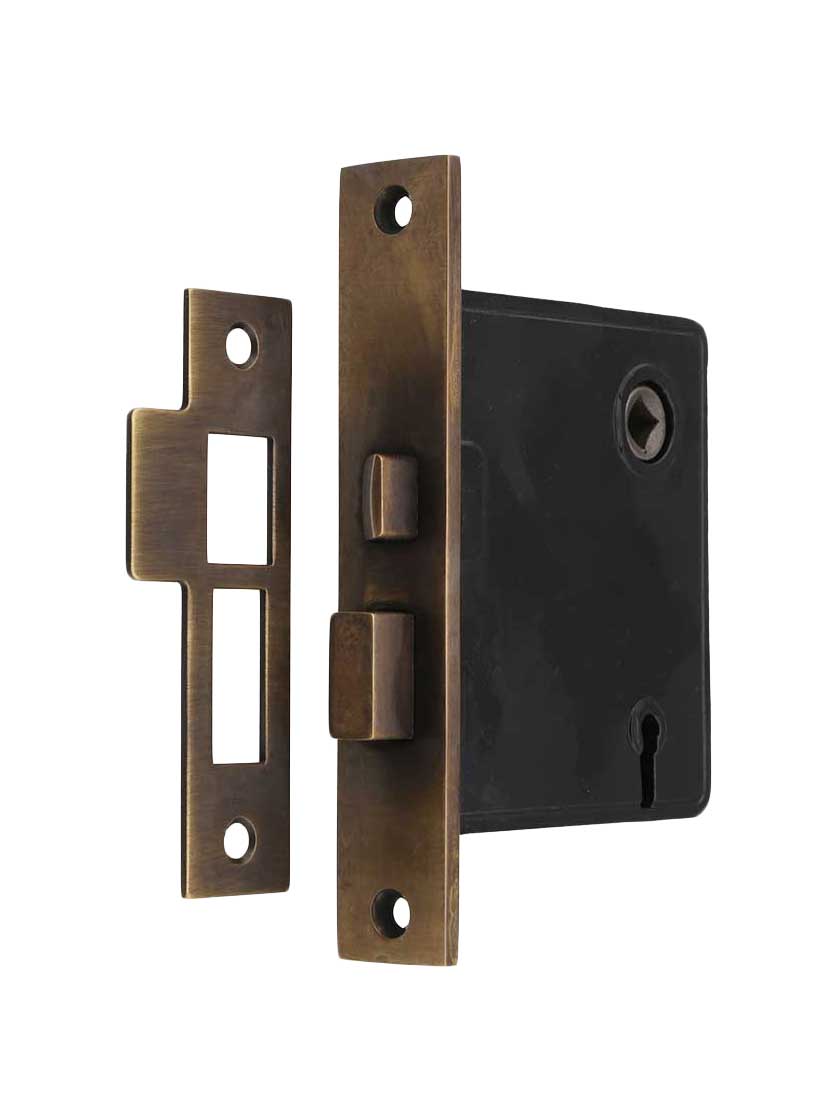 Reproduction Mortise Lock with Solid Brass Faceplate in Antique-by-Hand - 2 1/2" Backset