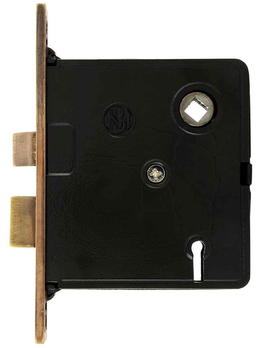 Alternate View of Reproduction Mortise Lock with Solid Brass Faceplate in Antique-by-Hand - .