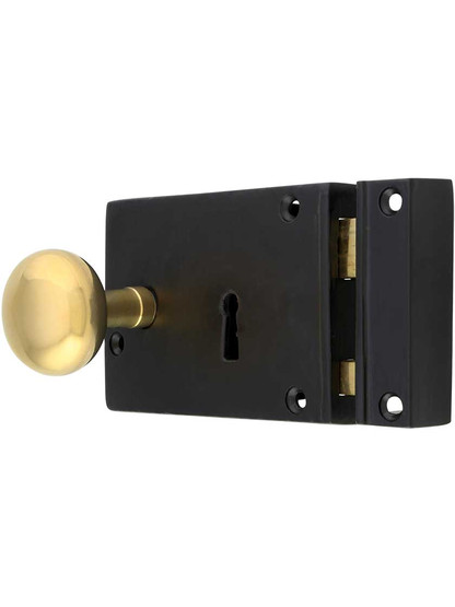 Alternate View of Large Colonial Iron Rim Lock With Solid Brass Knobs.