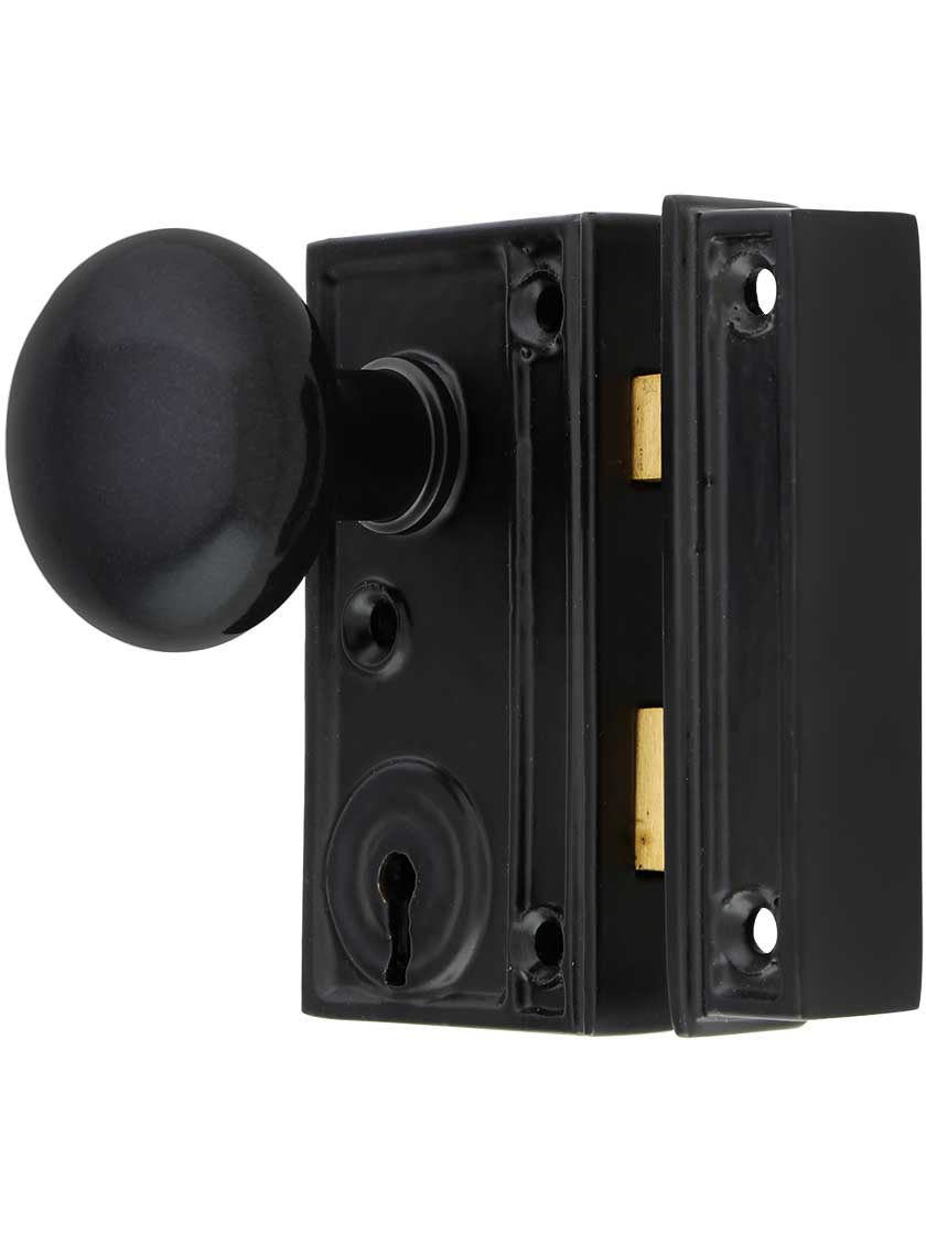 Cast Iron Narrow RimLock Set with Small Black Porcelain Knobs House