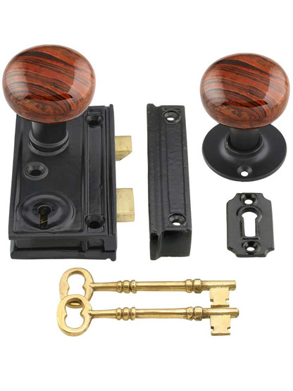Cast-Iron Narrow Rim-Lock Set with Small Bennington-Style Knobs