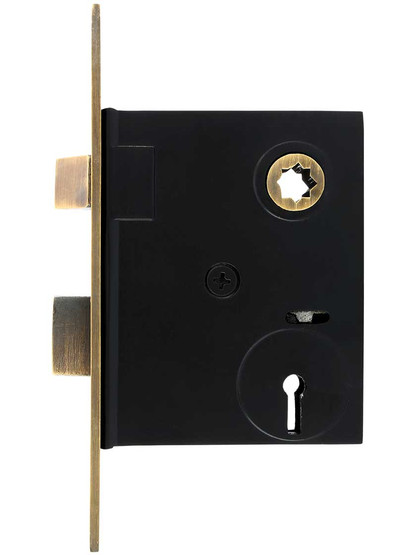 Alternate View of Mortise Lock with Solid Brass Faceplate in Antique-by-Hand.