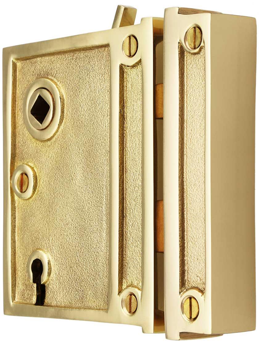 thumbnail image 2 of The Kings Bay Left Hand Colonial Rim Lock – Solid Brass, New Old Stock Style 2 of 5
