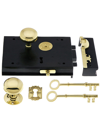 Cast Iron Carpenter Rim Lock Set With Brass Knobs & Trim