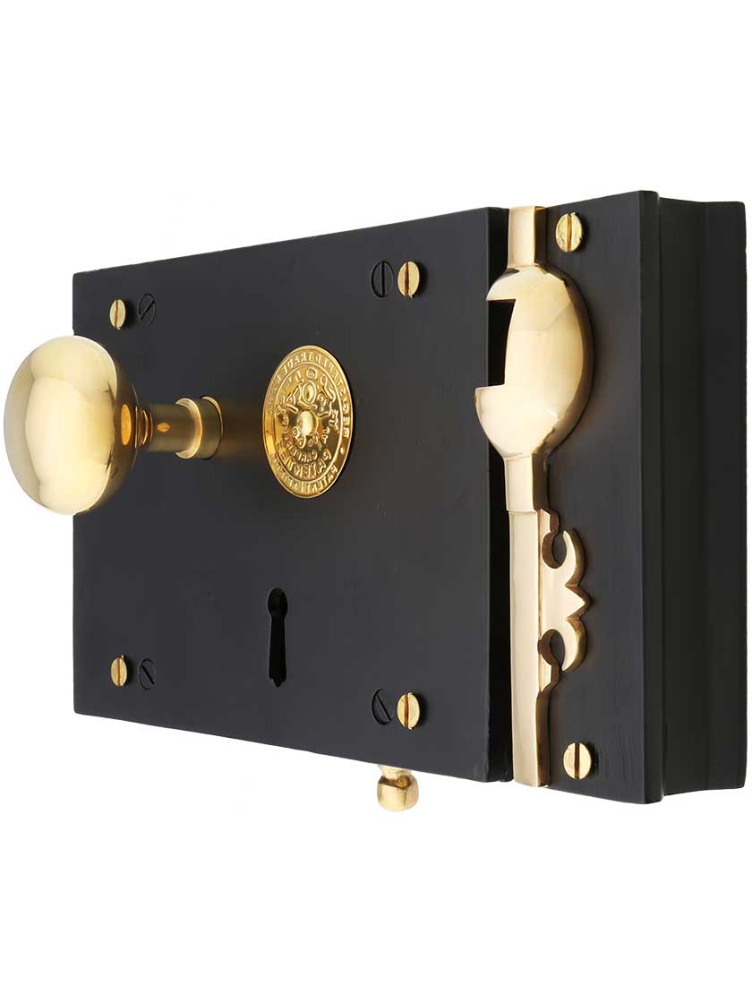 Alternate View of Cast Iron Carpenter Rim Lock Set With Brass Knobs and Trim