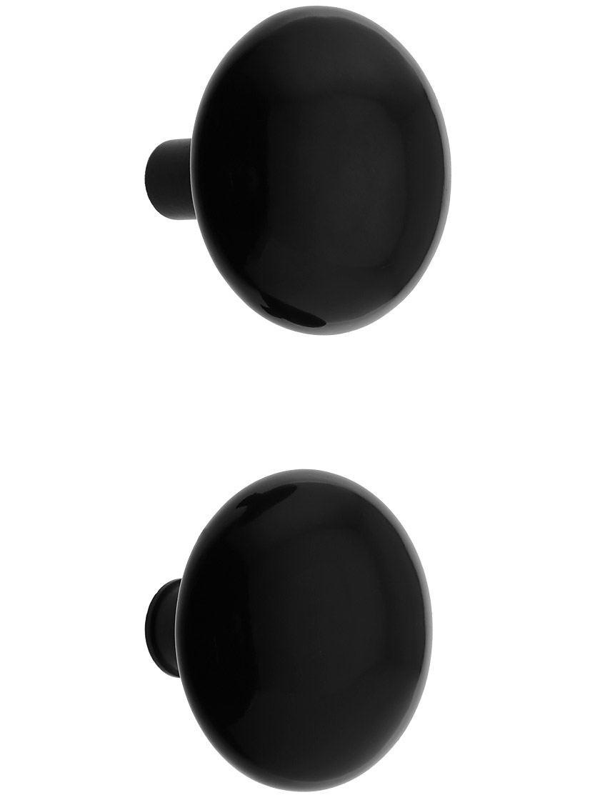 Pair of Black Porcelain Rim Lock Knobs With Black Iron Shanks