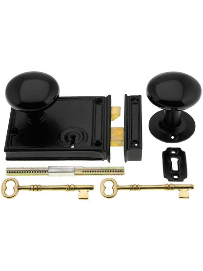 Alternate View 4 of Pair of Black Porcelain Rim Lock Knobs With Black Iron Shanks.