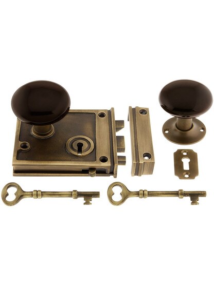 Alternate View 4 of Pair of Brown Porcelain Rim Lock Knobs With Solid Brass Shanks.