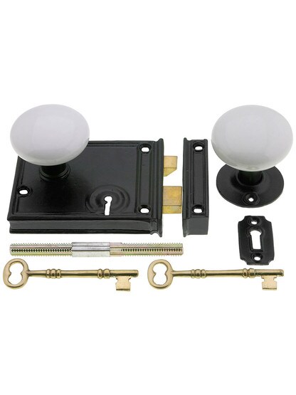 Alternate View 4 of Pair of White Porcelain Rim Lock Knobs With Black Iron Shanks.