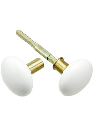 Pair of White Porcelain Rim Lock Knobs With Solid Brass Shanks