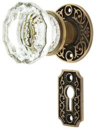 Scroll Rosette Mortise Lock Set with Fluted Glass Door Knobs in Antique-By-Hand.