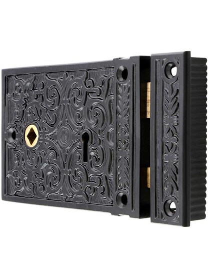 Alternate View of Cast Iron Scroll-Design Rim Lock.