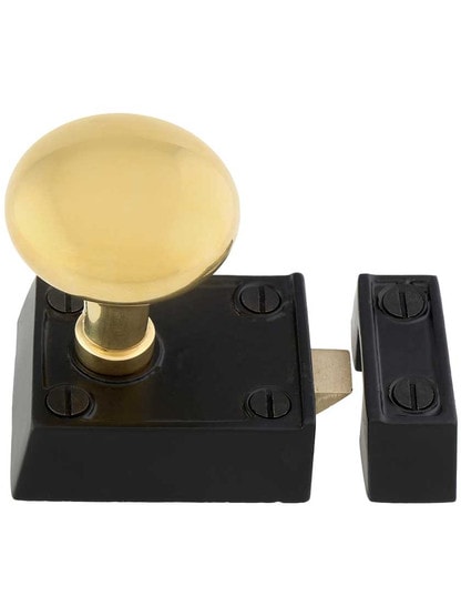 Alternate View 2 of Small Cast Iron Rim Latch Set with Round Brass Knobs.