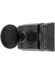 Alternate View of Small Cast Iron Rim Latch Set with Black Porcelain Knobs.