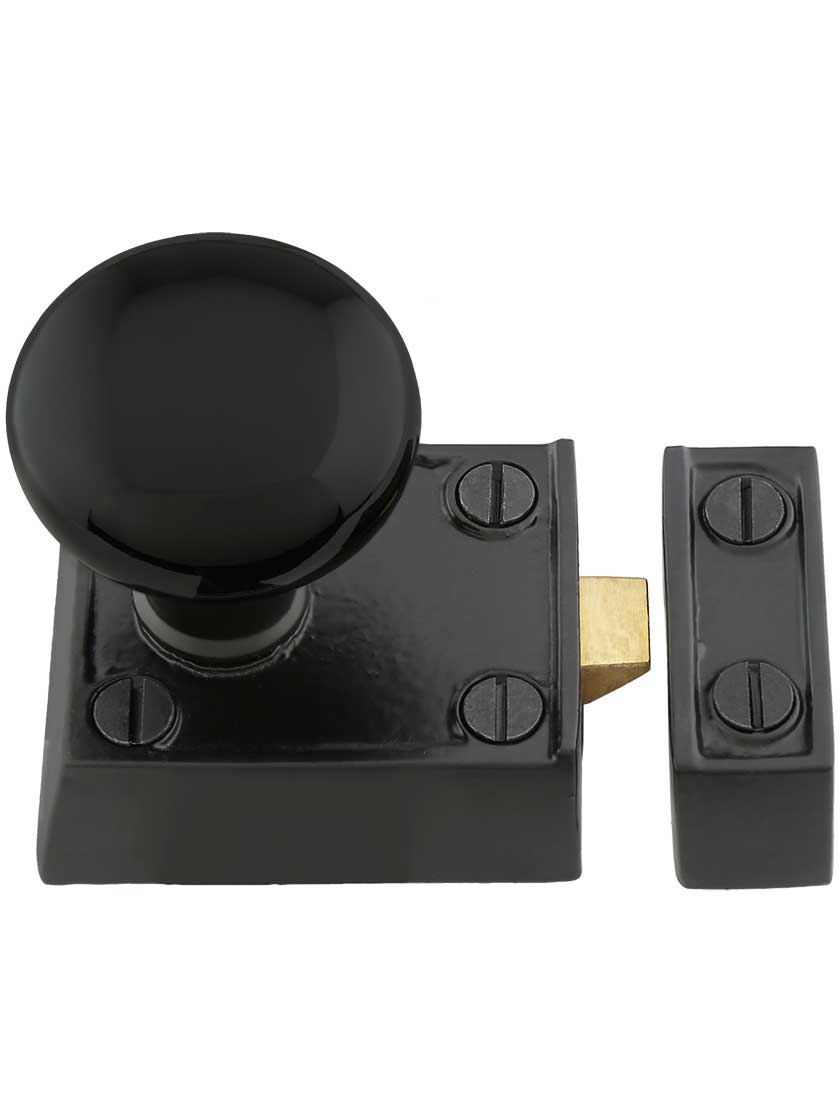 Alternate View 2 of Small Cast Iron Rim Latch Set with Black Porcelain Knobs.