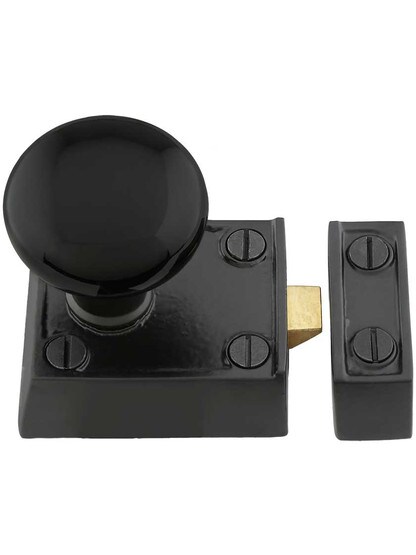 Alternate View 2 of Small Cast Iron Rim Latch Set with Black Porcelain Knobs.