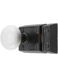 Alternate View of Small Cast Iron Rim Latch Set with White Porcelain Knobs.