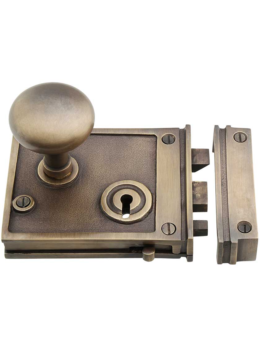 Alternate View 2 of Solid Brass Horizontal Rim Lock Set with Small Round Knobs In Antique-By-Hand Finish.
