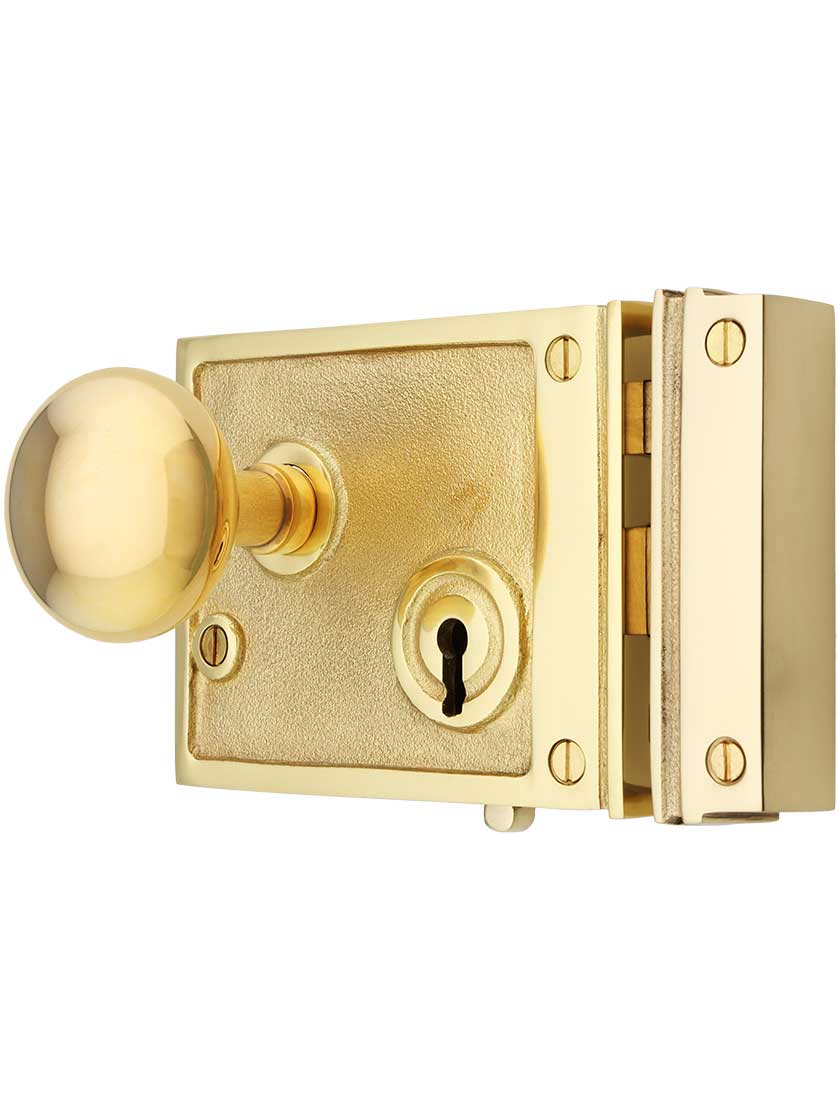 Alternate View of Solid Brass Horizontal Rim Lock Set with Small Round Knobs.