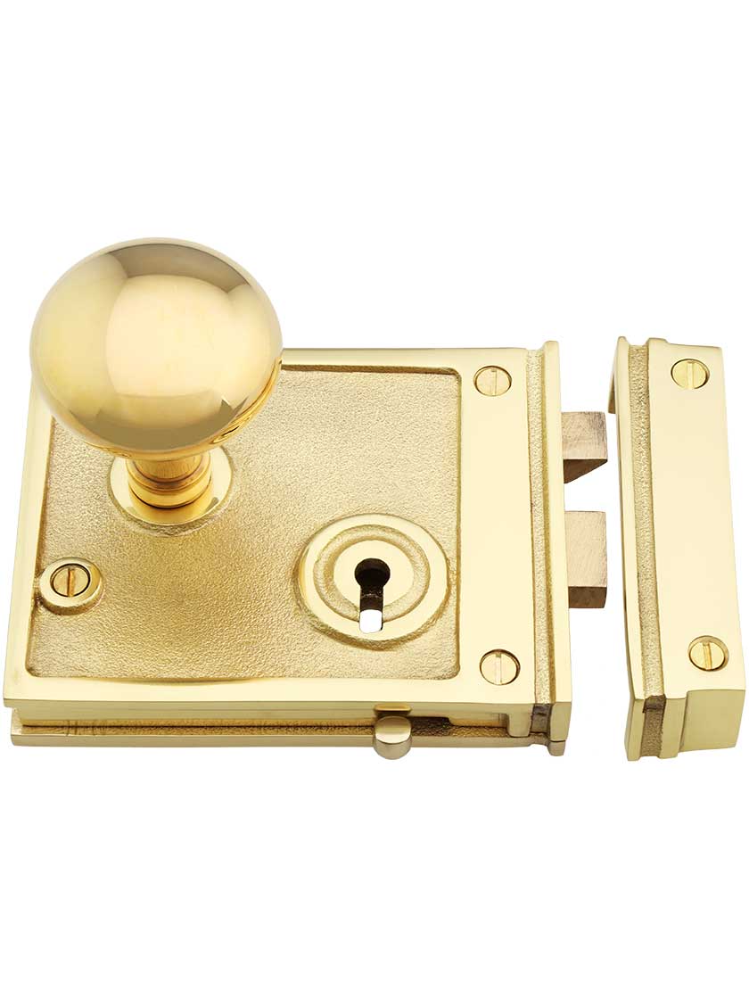 Solid Brass Horizontal Rim Lock Set with Small Round Knobs House of