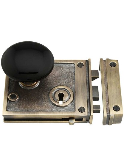 Alternate View 2 of Solid Brass Horizontal Rim Lock Set with Black Porcelain Door Knobs.