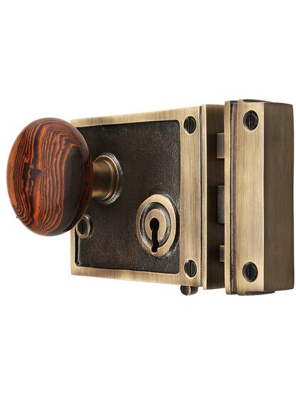 Alternate View of Solid Brass Horizontal Rim Lock Set with Bennington Style Porcelain Knobs.